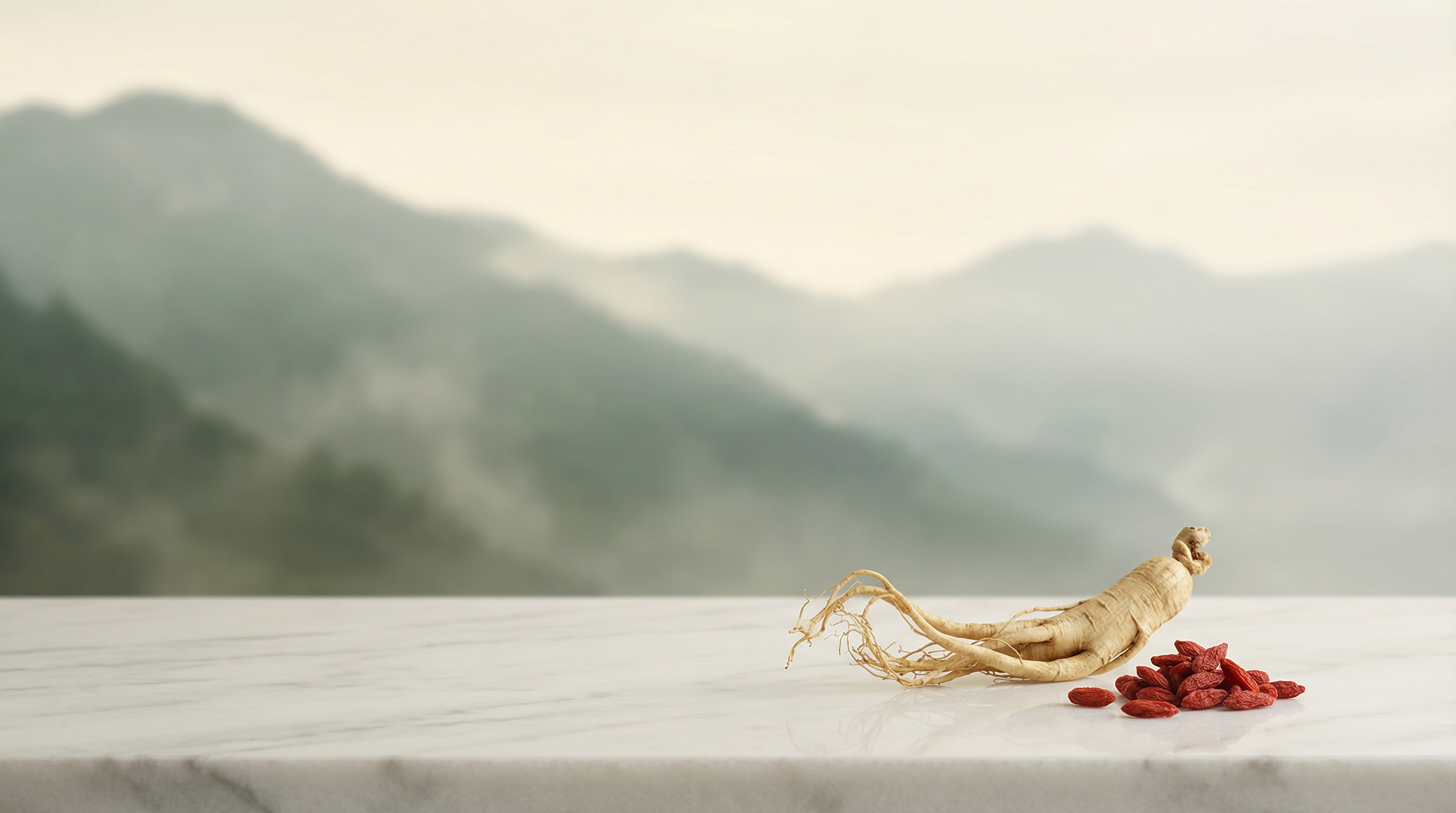 Ginseng and goji berries with misty mountains